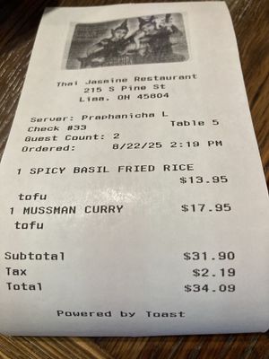 Receipt August 2025 at Thai Jasmine in Lima