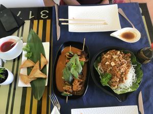 “Meat” and vegetable skewers in curry - lovely  at Jazmin in Tenerife