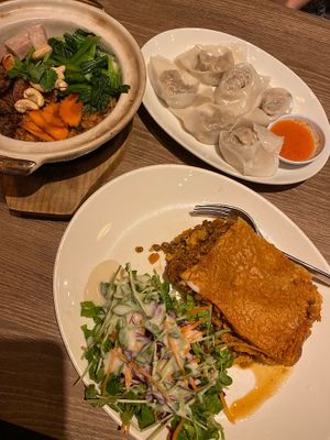 Lasagne, dumplings, clay pot rice  at Genesis 创世界素食馆 in Central Singapore