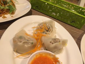 Dumplings (half eaten!) at Genesis 创世界素食馆 in Central Singapore