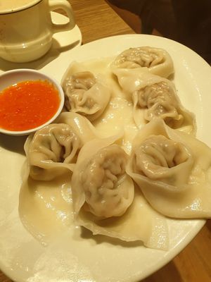 Dumplings with a non spicy dip at Genesis 创世界素食馆 in Central Singapore