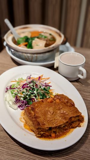 Vegan Lasagne, Claypot Noodle, Almond Brown Rice Milk at Genesis 创世界素食馆 in Central Singapore