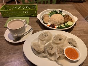 In house made almond drink with their vegan dumplings and daily special  #Veganuary at Genesis 创世界素食馆 in Central Singapore