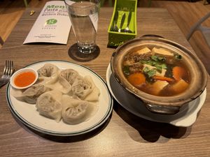 Clay pot noodles, with dumplings  at Genesis 创世界素食馆 in Central Singapore