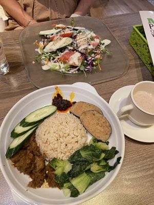 Garden salad, nasi lemak and almond brown rice milk (highly recommend!!)  at Genesis 创世界素食馆 in Central Singapore