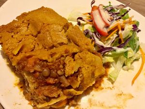 Lentil lasagna with cashew cheese. Oh god this was really yummy.  at Genesis 创世界素食馆 in Central Singapore