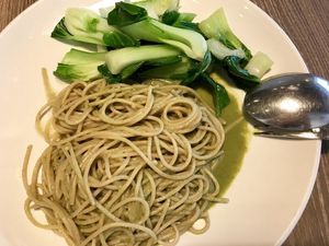 I had expected a sticky pasta in brazil nut butter with ground cilantro. What I got was this limp, watery thing. The green liquid flows like water. More like a soup than a paste.  at Genesis 创世界素食馆 in Central Singapore