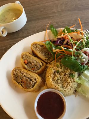 Turkey meal with quinoa, salad, cranberry sauce, and creamy vegetable soup  at Genesis 创世界素食馆 in Central Singapore