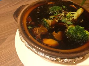 Wai San claypot soup with rice  at Genesis 创世界素食馆 in Central Singapore
