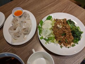 Olive Fried Rice and Dumplings at Genesis 创世界素食馆 in Central Singapore