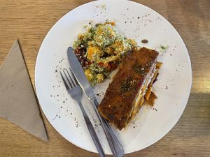 Vegan Lasagne with small serve of sweet potato tahini on the side at The Clean Food Store in Subiaco