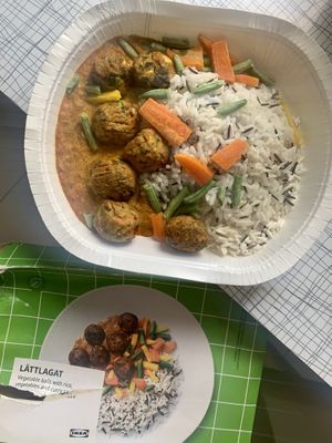 food from ikea grocery store - bought frozen and made in the oven - vegetable balls with rice, veggies and curry sauce  at IKEA in Bratislava