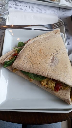 Avocado salty pancake, can be made vegan by request. at Pestre in Bratislava