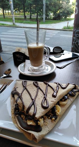 Soy latte and vegan banana, hazelnut and Nutella (nougat) crepe at Pestre in Bratislava