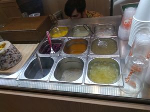 The toppings/ingredients including kiwi bubbles, aloe vera, chia gel...and more at BWAMOA in Toulouse