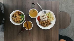 1. Vegetarian Mala Noodle SGD3.50
2. Vegetarian Chicken Rice SGD3.50
 at Wholesome Vegetarian Stall in East Singapore