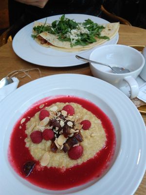 vegan millet porridge (boyfriend's crepes in the back are not vegan, nor vegetarian) at Mondieu - Staré Mesto in Bratislava