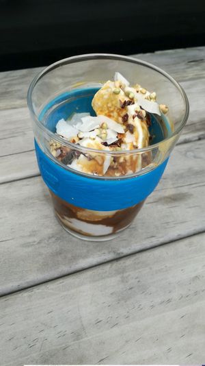affogato topped with buckwheat cacao nibs and dried coconut  at Vitality Organics in Mount Maunganui