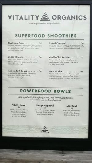 menu at Vitality Organics in Mount Maunganui