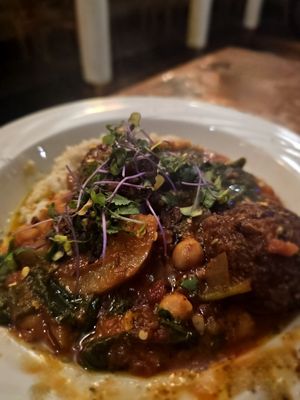 Sumagiyya / Impossible chickpea stew served over mashed potatoes (Dine Downtown '24 vegan option) #Veganuary at Kasbah Lounge in Sacramento