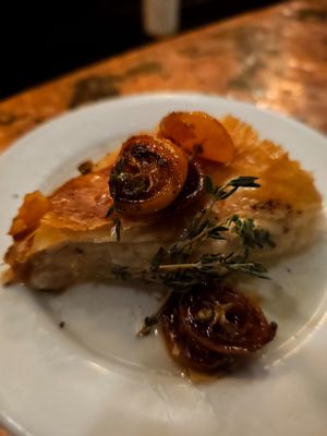 Mutabaq / Meyer lemon creme stuffed phyllo triangle (Dine Downtown '24 vegan option) #Veganuary at Kasbah Lounge in Sacramento