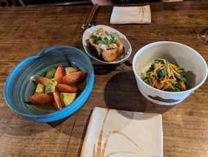 Tomato and avocado in yuzu broth, Deep fried thick tofu with perill soy sauce and cauliflower with wasabi mayonnaise at Itadakizen in Kyoto