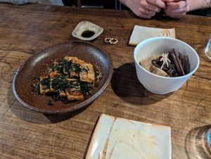 Tofu steak and Simmered freeze dried tofu and spring bracken at Itadakizen in Kyoto