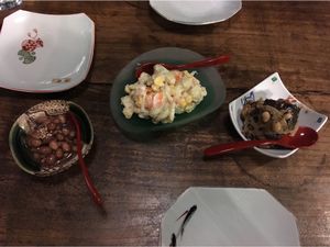 Peanuts, potato salad and lotus root at Itadakizen in Kyoto
