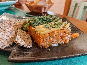 Vegan salmon at Hakuna Matata Veggie in Madrid