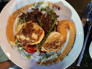 torre de verduras con pesto de tomate seco y "huevo" frito at Hakuna Matata Veggie in Madrid
