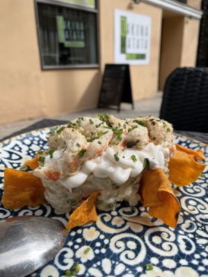 Ensaladilla rusa with gambas al ajillo  at Hakuna Matata Veggie in Madrid