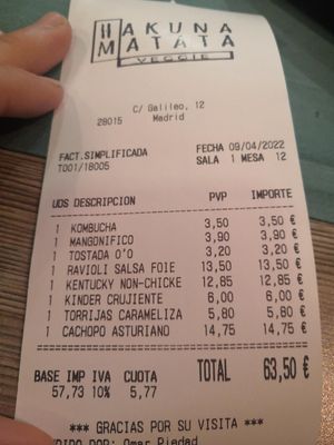 Cuenta at Hakuna Matata Veggie in Madrid