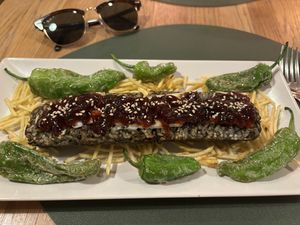 Blood sausage with goats cheesee  at Hakuna Matata Veggie in Madrid