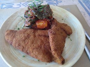 Main course: the menu says it's a seitan schnitzel but honestly I think it's a soy based mockmeat schnitzel at Hakuna Matata Veggie in Madrid