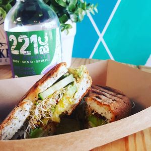 Super Avocado Vegan Sandwhich on a Gluten Free Bagel  at Jaya Nutrition Bar in Juno Beach