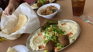 Vegetarian (vegan) plates, Faul appetizers. Amazing  at Oasis Mediterranean in Gallup