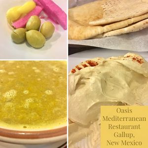 Complimentary appetizer, pita, lentil soup, and hummus at Oasis Mediterranean in Gallup