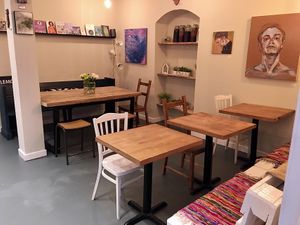 Books on shelf for reading   at Marwick's Vegan Kitchen in Dundee