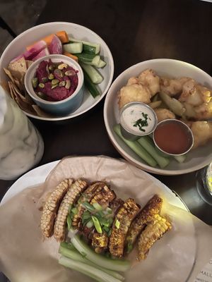 beet hummus, cauliflower wings, corn ribs at Basic Kitchen in Charleston