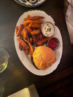 Good Burger, sweet potato fries and vegan ranch.  at Basic Kitchen in Charleston