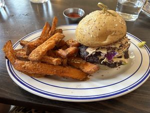Good burger with sweet pesto fries  at Basic Kitchen in Charleston