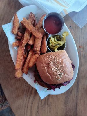Veggie burger with sweet potato fries at Basic Kitchen in Charleston