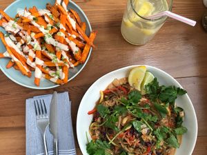 Rainbow Bowl and Sweet Potato Fries with a cashew ranch!  at Basic Kitchen in Charleston