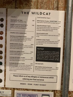 Menu at The Wildcat in Fort William
