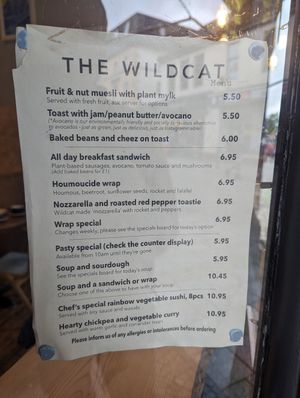 Menu at The Wildcat in Fort William