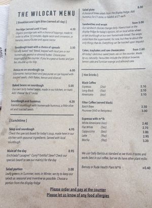 Menu at The Wildcat in Fort William