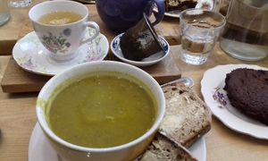 Soup with sourdough bread and cake on the side, plus tea. at The Wildcat in Fort William