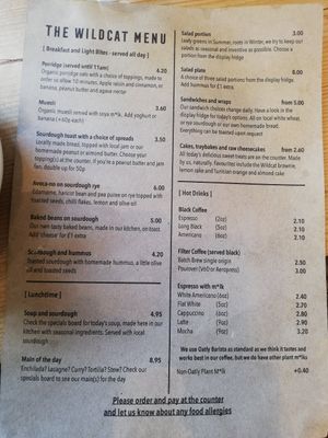 Menu part 1 at The Wildcat in Fort William