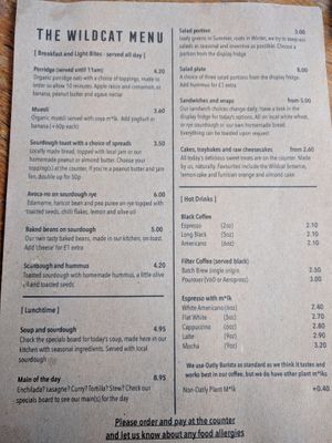 Menu at The Wildcat in Fort William