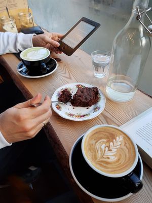 Matcha latte, oat latte and brownie. at The Wildcat in Fort William